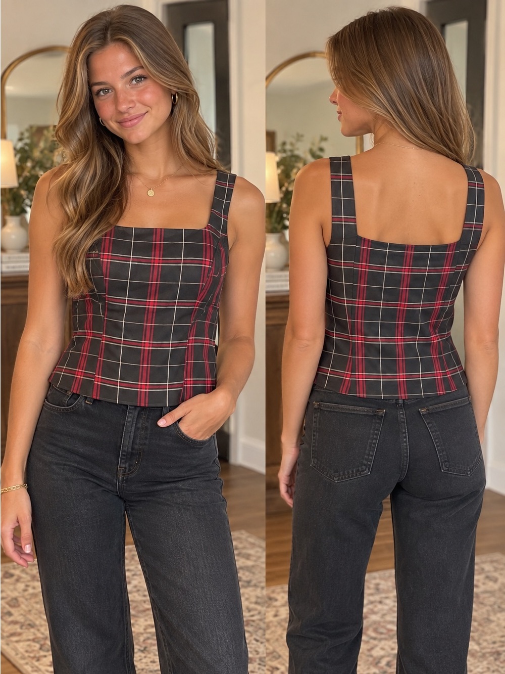 Ann Taylor Black Plaid Sleeveless Silk Top with Red Accents